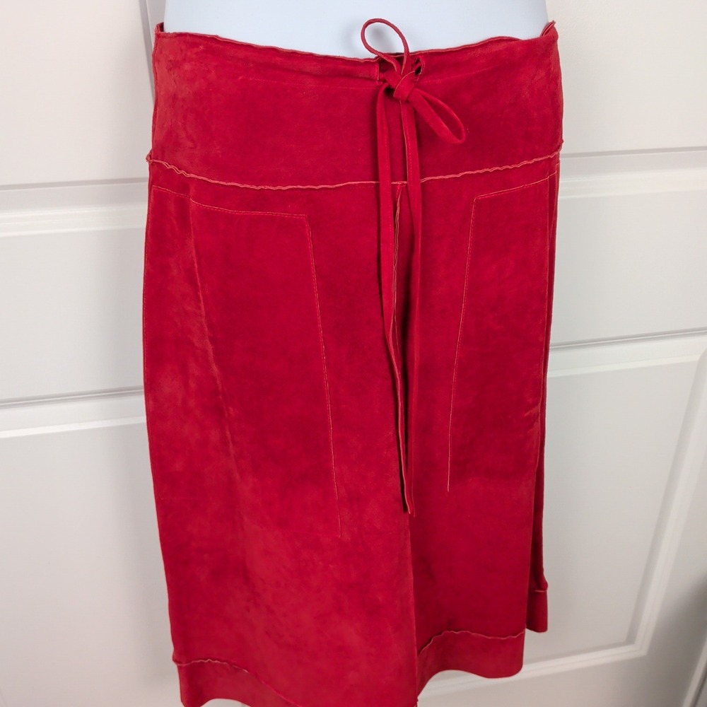 Illia Red Suede Leather Midi Skirt Tie Waist USA Made Medium Luxury Boho